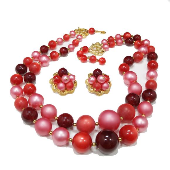 Vintage 1960s Red Pink Lucite Bead Necklace Earring Set Gold Tone Mid Century - Picture 2 of 10